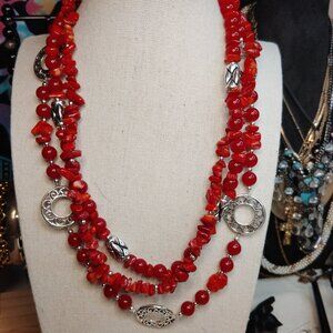 Premier Designs Triple Strand Red Coral Glass Bead Necklace Silver Accents